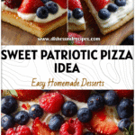 Colorful Patriotic Berry Pizza topped with strawberries, blueberries, and cream as a Cute 4th Of July Food dessert